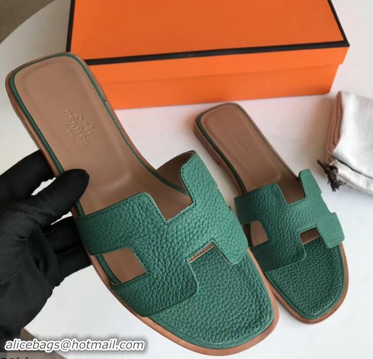 Best Quality Hermes Oran Flat Slipper Sandals in Togo Leather H701030 Green