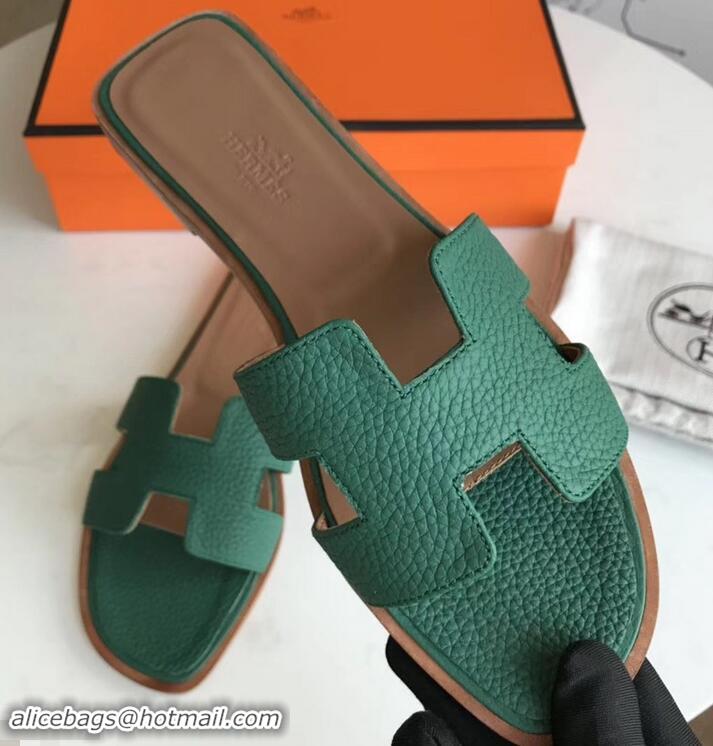 Best Quality Hermes Oran Flat Slipper Sandals in Togo Leather H701030 Green