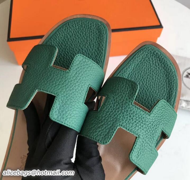 Best Quality Hermes Oran Flat Slipper Sandals in Togo Leather H701030 Green