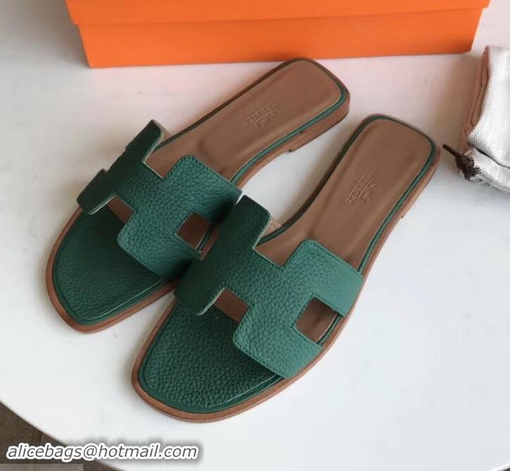 Best Quality Hermes Oran Flat Slipper Sandals in Togo Leather H701030 Green