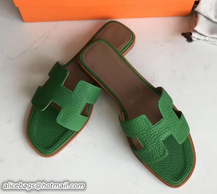 Imitation Hermes Oran Flat Slipper Sandals in Togo Leather H701030 Bamboo Green