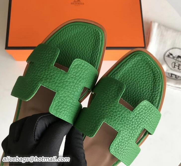 Imitation Hermes Oran Flat Slipper Sandals in Togo Leather H701030 Bamboo Green