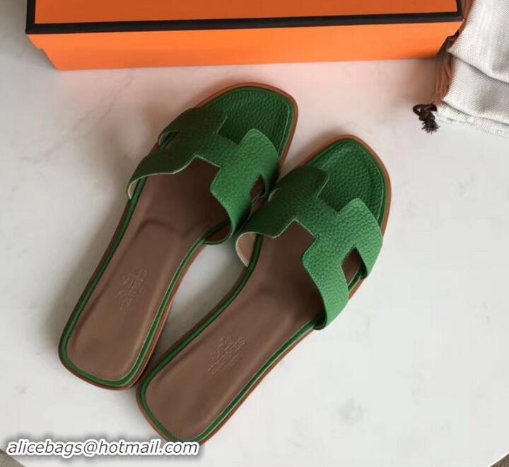 Imitation Hermes Oran Flat Slipper Sandals in Togo Leather H701030 Bamboo Green