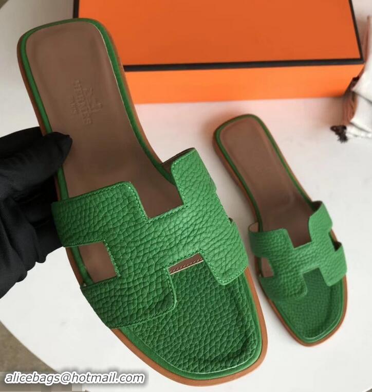 Imitation Hermes Oran Flat Slipper Sandals in Togo Leather H701030 Bamboo Green