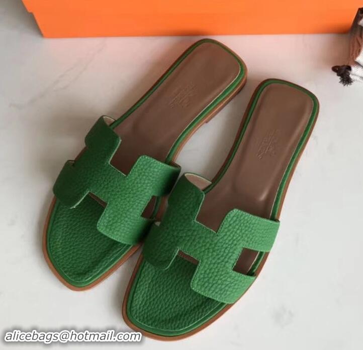 Imitation Hermes Oran Flat Slipper Sandals in Togo Leather H701030 Bamboo Green