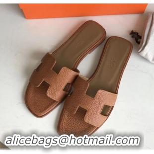 Fashion Hermes Oran Flat Slipper Sandals in Togo Leather H701030 Brown