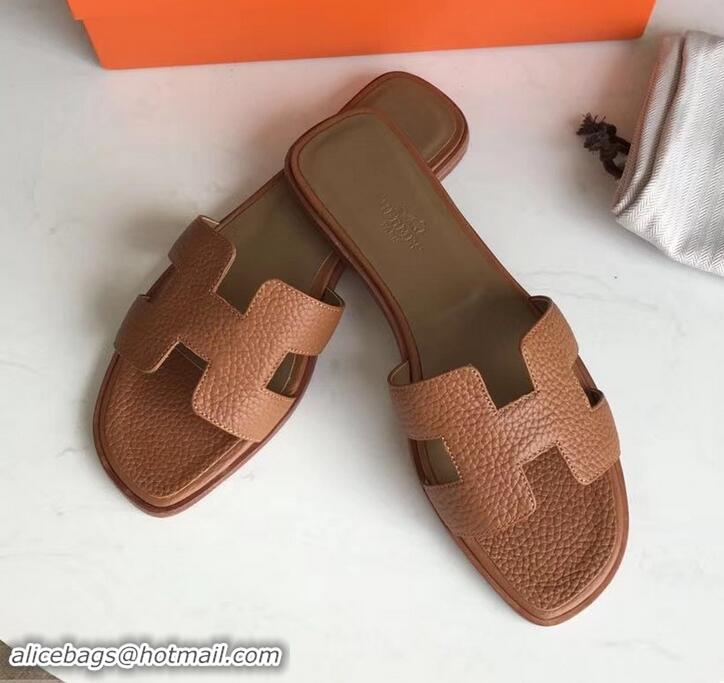 Fashion Hermes Oran Flat Slipper Sandals in Togo Leather H701030 Brown