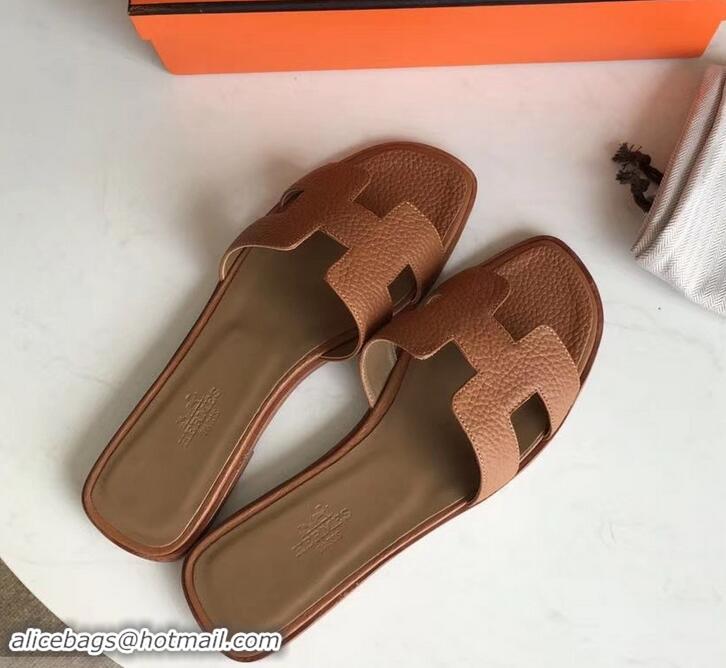 Fashion Hermes Oran Flat Slipper Sandals in Togo Leather H701030 Brown