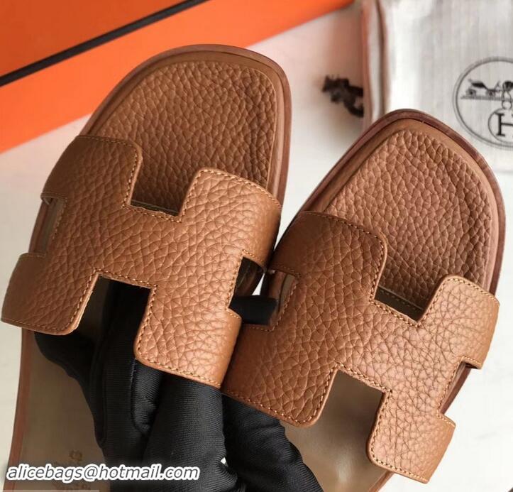 Fashion Hermes Oran Flat Slipper Sandals in Togo Leather H701030 Brown