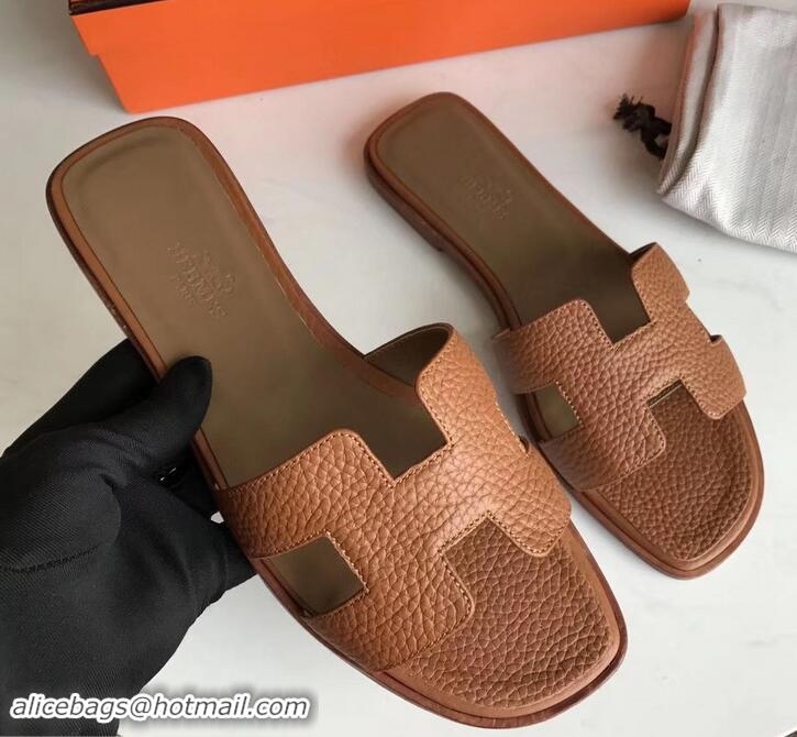 Fashion Hermes Oran Flat Slipper Sandals in Togo Leather H701030 Brown