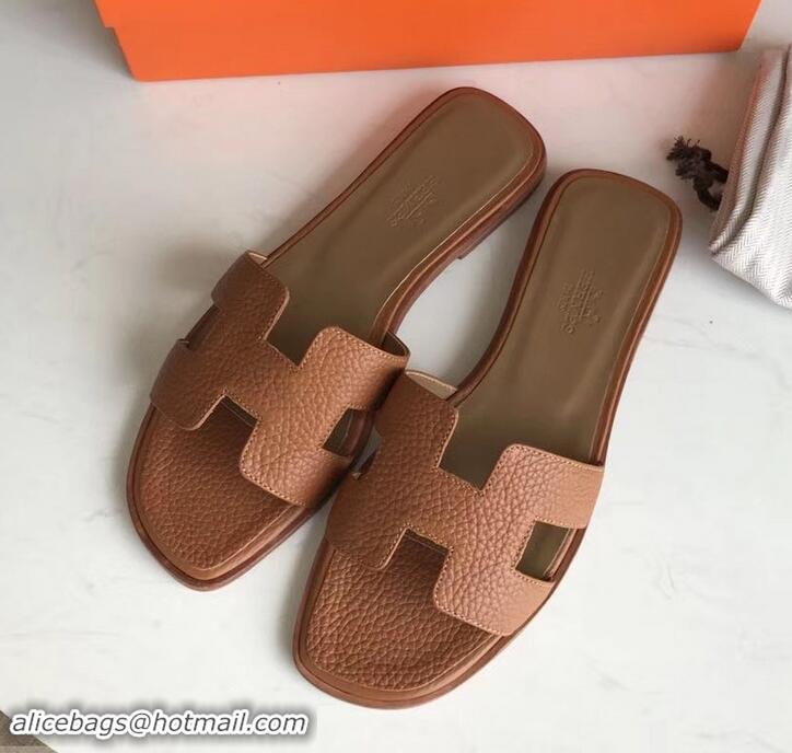 Fashion Hermes Oran Flat Slipper Sandals in Togo Leather H701030 Brown