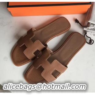 Stylish Hermes Oran Flat Slipper Sandals in Togo Leather H701030 Brown/White Stitch