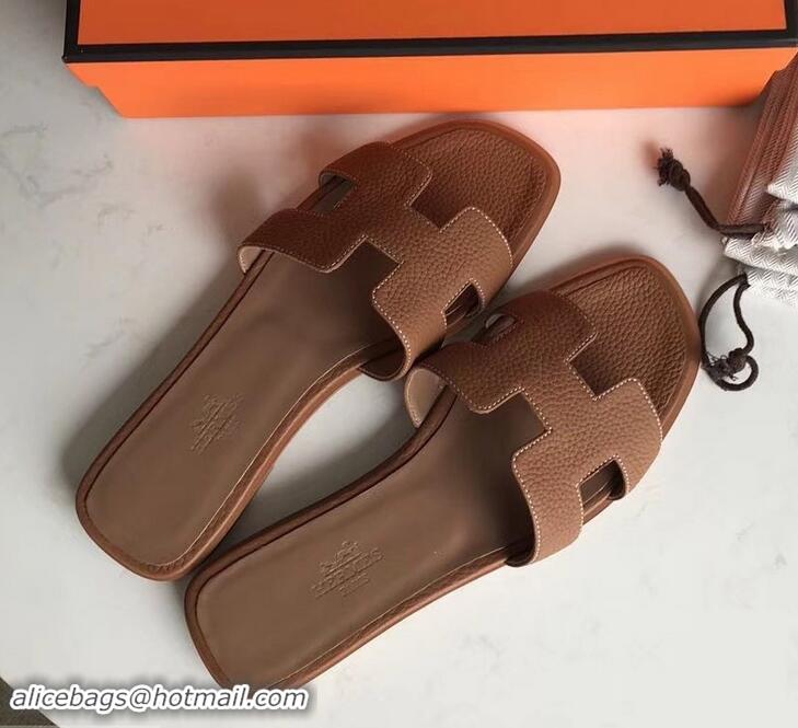 Stylish Hermes Oran Flat Slipper Sandals in Togo Leather H701030 Brown/White Stitch