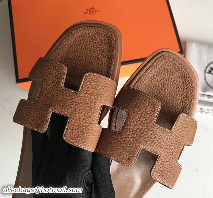 Stylish Hermes Oran Flat Slipper Sandals in Togo Leather H701030 Brown/White Stitch