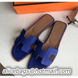 Unique Style Hermes Oran Flat Slipper Sandals in Togo Leather H701030 Blue