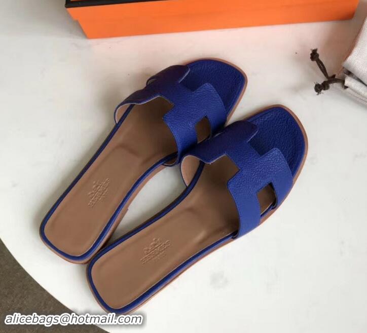 Unique Style Hermes Oran Flat Slipper Sandals in Togo Leather H701030 Blue