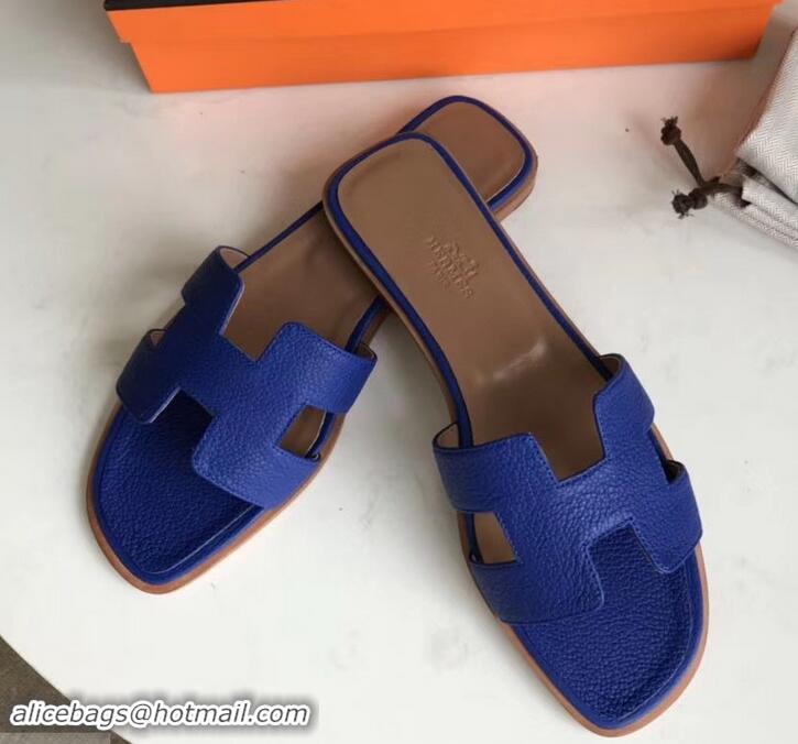 Unique Style Hermes Oran Flat Slipper Sandals in Togo Leather H701030 Blue