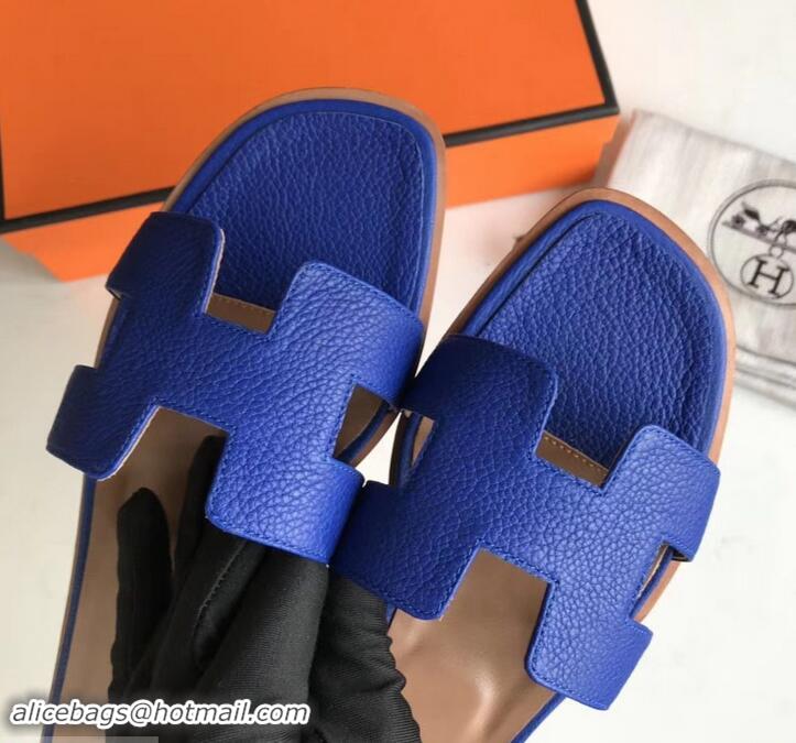 Unique Style Hermes Oran Flat Slipper Sandals in Togo Leather H701030 Blue