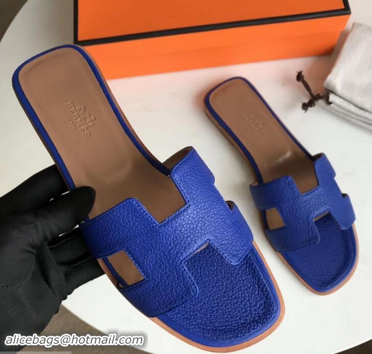 Unique Style Hermes Oran Flat Slipper Sandals in Togo Leather H701030 Blue