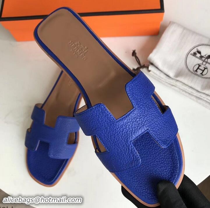 Unique Style Hermes Oran Flat Slipper Sandals in Togo Leather H701030 Blue