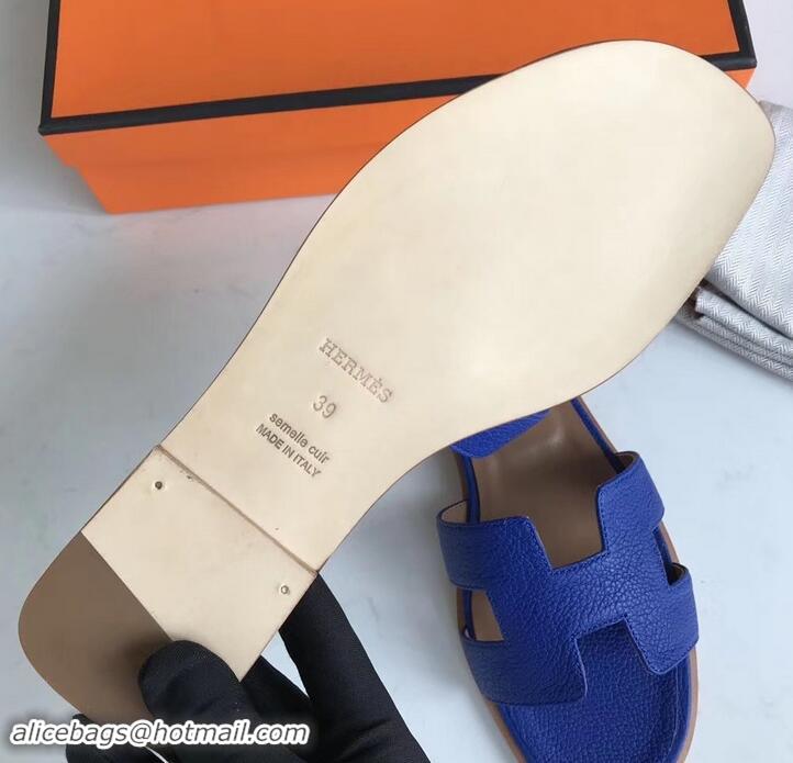 Unique Style Hermes Oran Flat Slipper Sandals in Togo Leather H701030 Blue