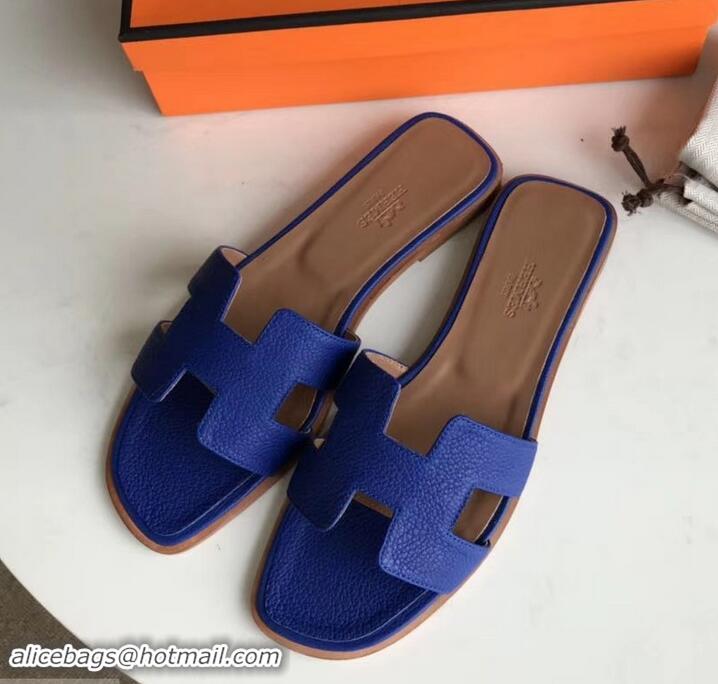 Unique Style Hermes Oran Flat Slipper Sandals in Togo Leather H701030 Blue