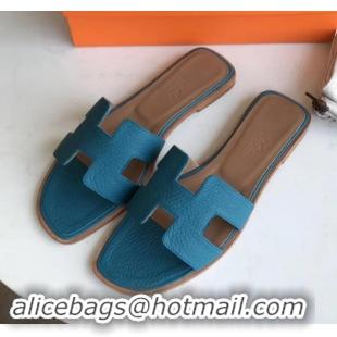 Good Looking Hermes Oran Flat Slipper Sandals in Togo Leather H701030 Macaron Blue