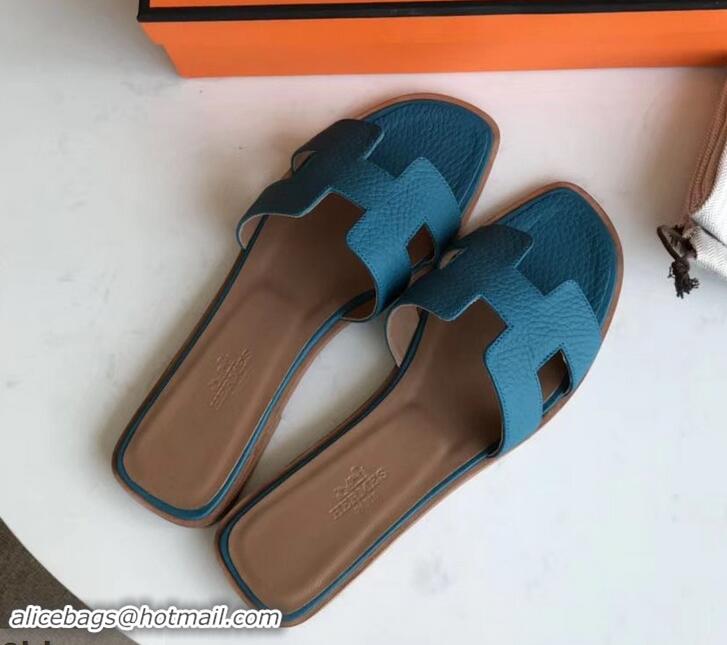 Good Looking Hermes Oran Flat Slipper Sandals in Togo Leather H701030 Macaron Blue