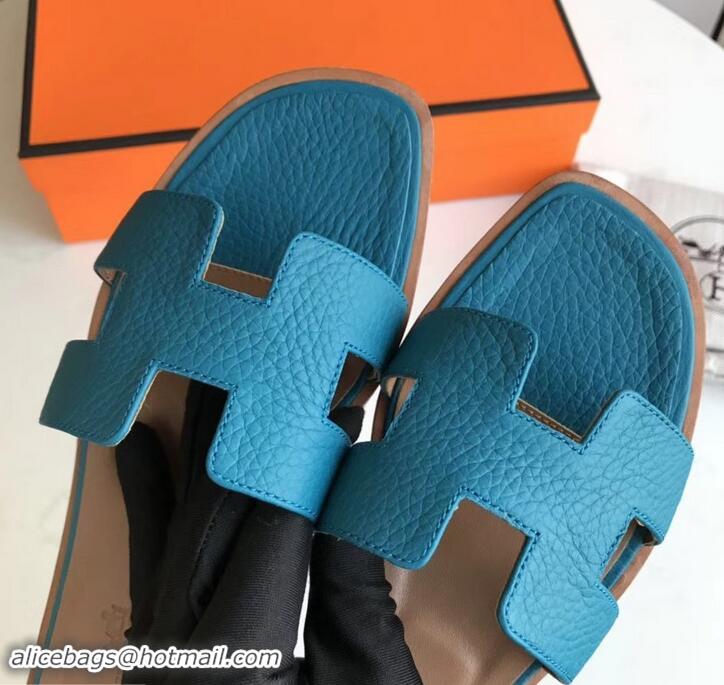 Good Looking Hermes Oran Flat Slipper Sandals in Togo Leather H701030 Macaron Blue