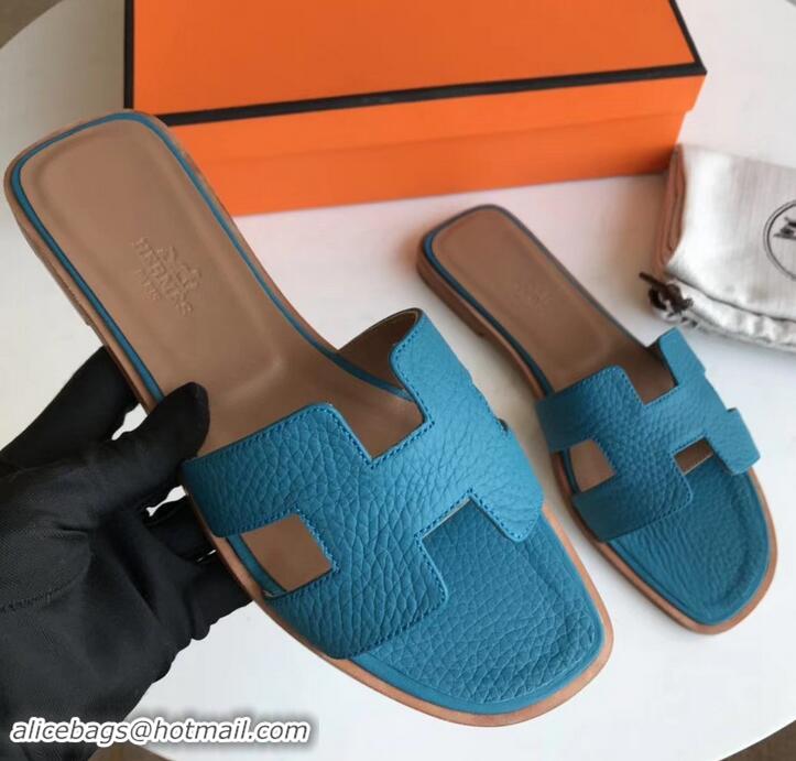 Good Looking Hermes Oran Flat Slipper Sandals in Togo Leather H701030 Macaron Blue