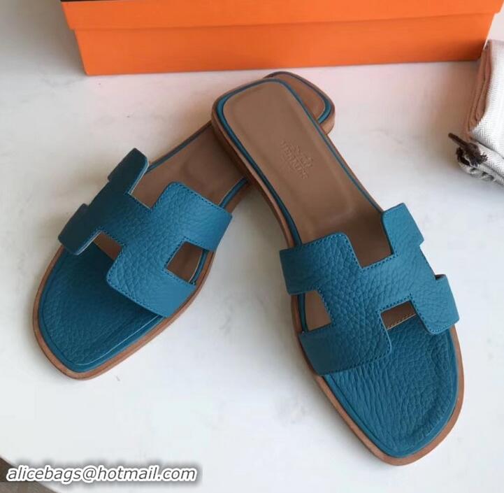 Good Looking Hermes Oran Flat Slipper Sandals in Togo Leather H701030 Macaron Blue