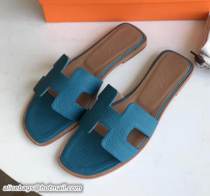 Good Looking Hermes Oran Flat Slipper Sandals in Togo Leather H701030 Macaron Blue