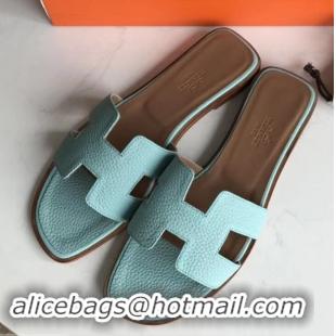 Grade Quality Hermes Oran Flat Slipper Sandals in Togo Leather H701030 Cyan