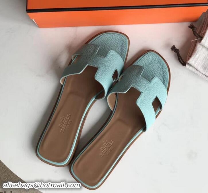 Grade Quality Hermes Oran Flat Slipper Sandals in Togo Leather H701030 Cyan