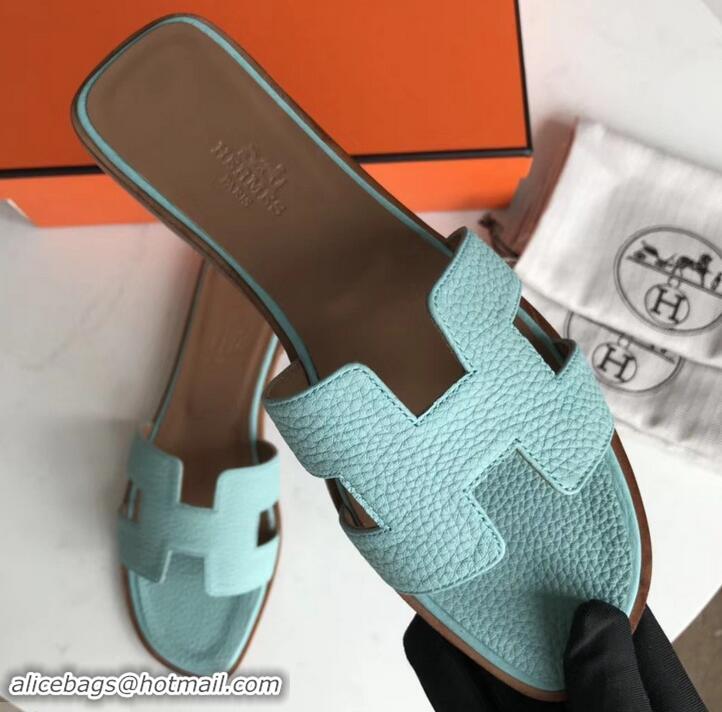 Grade Quality Hermes Oran Flat Slipper Sandals in Togo Leather H701030 Cyan