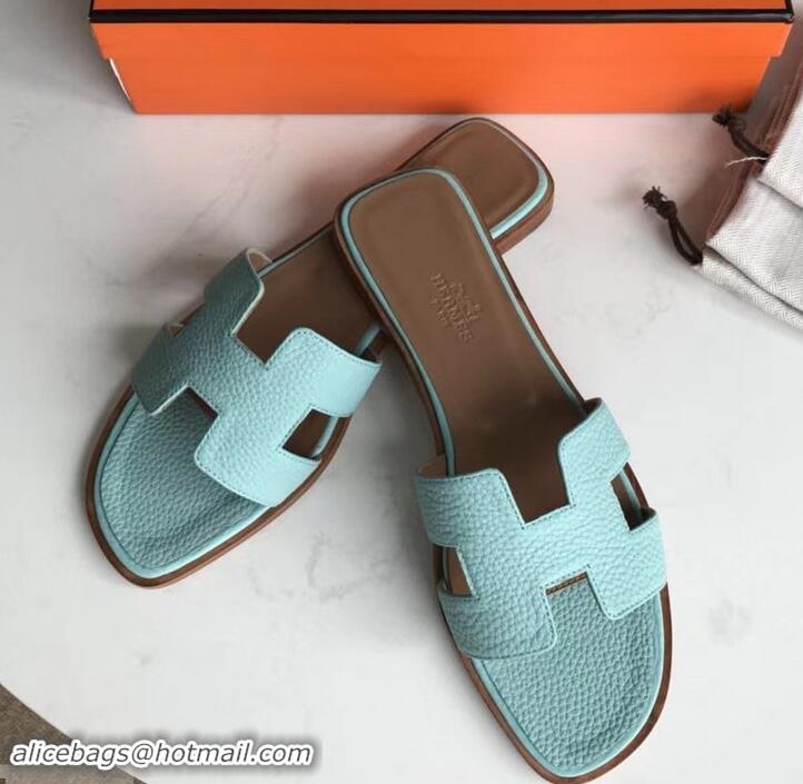 Grade Quality Hermes Oran Flat Slipper Sandals in Togo Leather H701030 Cyan