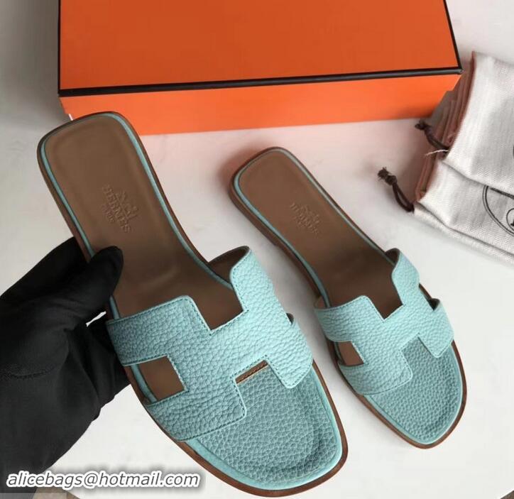 Grade Quality Hermes Oran Flat Slipper Sandals in Togo Leather H701030 Cyan