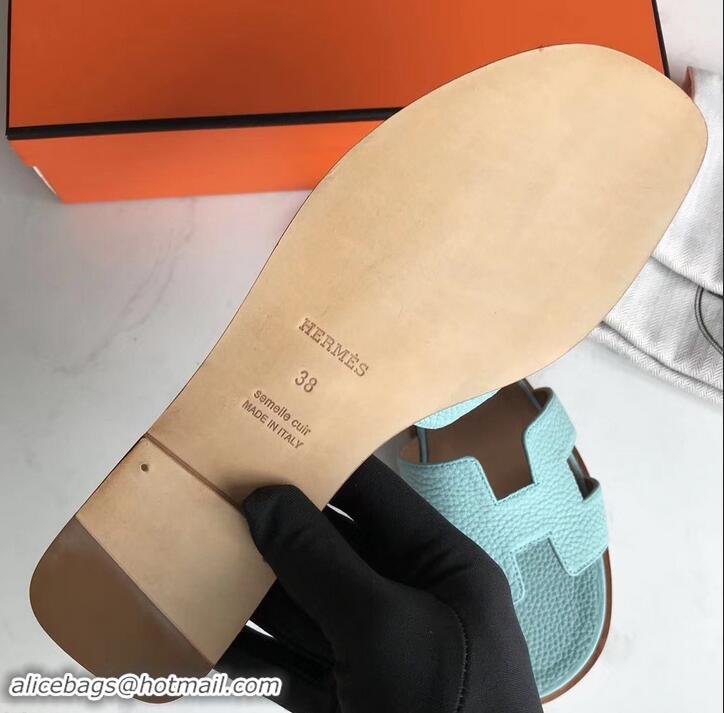 Grade Quality Hermes Oran Flat Slipper Sandals in Togo Leather H701030 Cyan