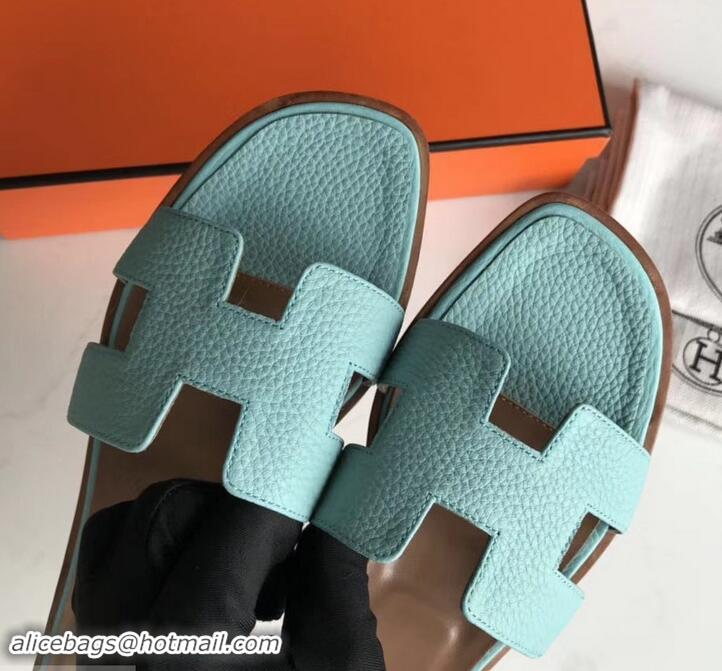 Grade Quality Hermes Oran Flat Slipper Sandals in Togo Leather H701030 Cyan