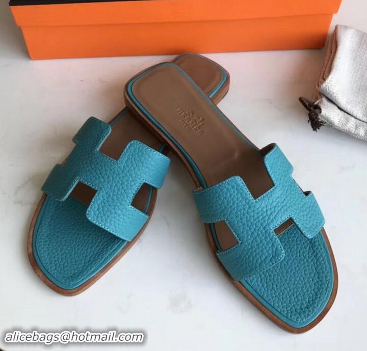 Best Product Hermes Oran Flat Slipper Sandals in Togo Leather H701030 Turquoise