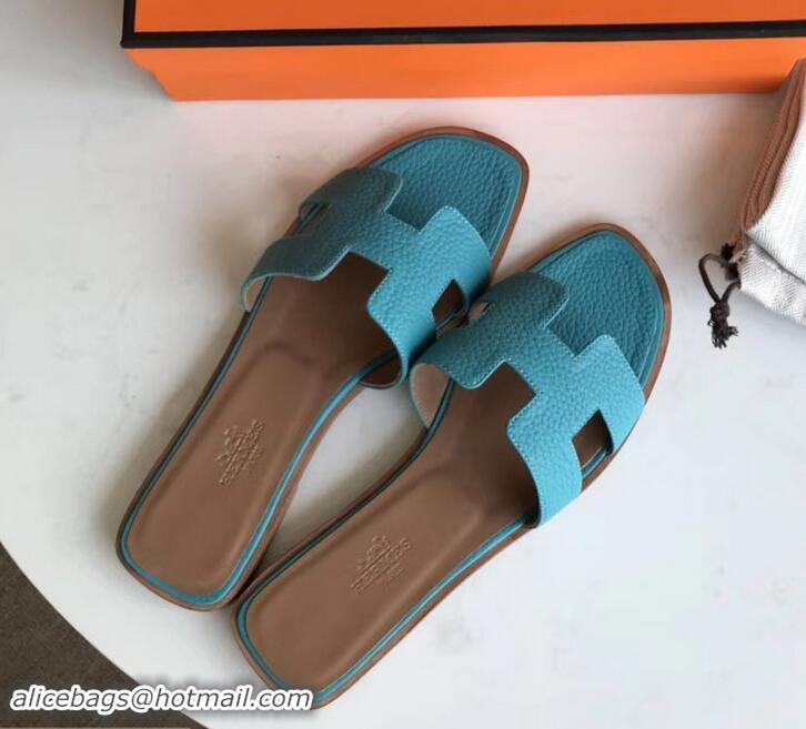 Best Product Hermes Oran Flat Slipper Sandals in Togo Leather H701030 Turquoise