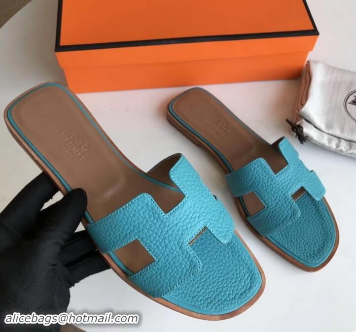 Best Product Hermes Oran Flat Slipper Sandals in Togo Leather H701030 Turquoise