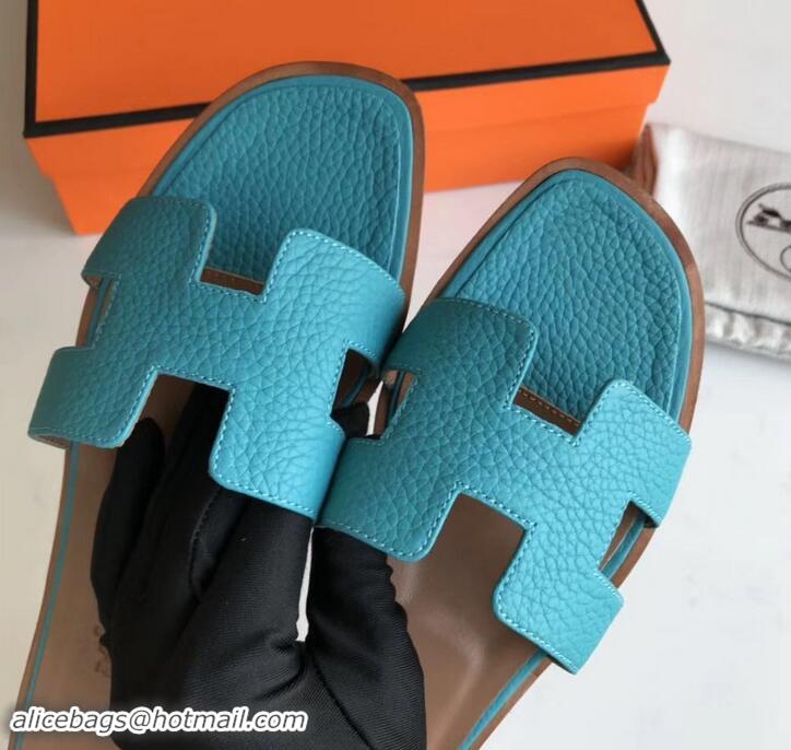 Best Product Hermes Oran Flat Slipper Sandals in Togo Leather H701030 Turquoise