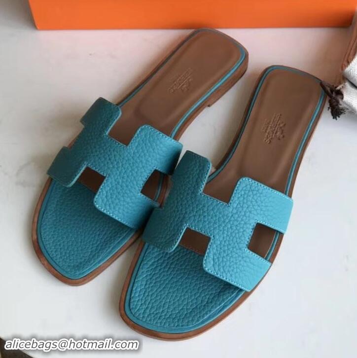 Best Product Hermes Oran Flat Slipper Sandals in Togo Leather H701030 Turquoise