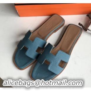 Luxury Hermes Oran Flat Slipper Sandals in Togo Leather H701030 Denim Blue