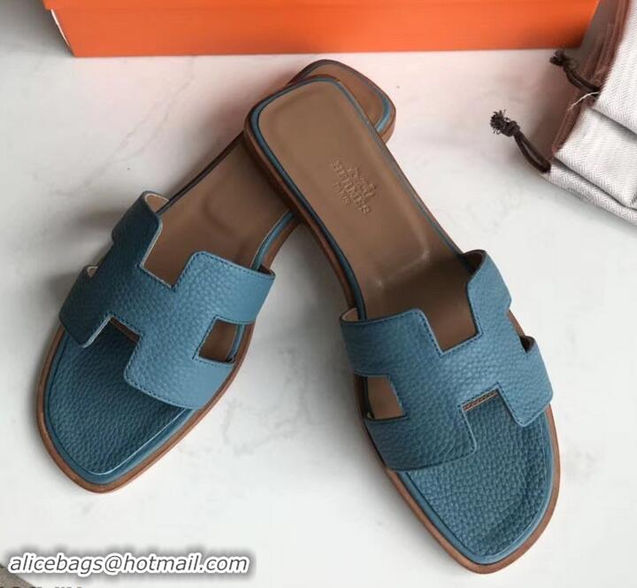 Luxury Hermes Oran Flat Slipper Sandals in Togo Leather H701030 Denim Blue