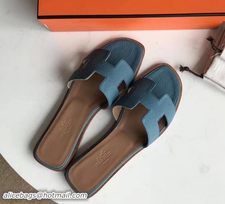 Luxury Hermes Oran Flat Slipper Sandals in Togo Leather H701030 Denim Blue