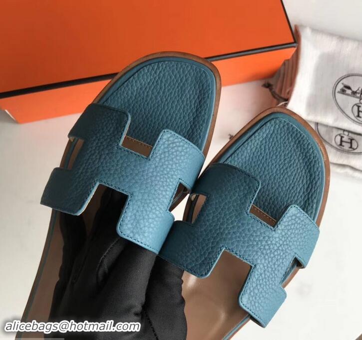 Luxury Hermes Oran Flat Slipper Sandals in Togo Leather H701030 Denim Blue