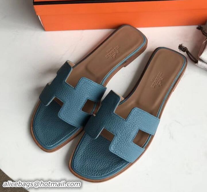 Luxury Hermes Oran Flat Slipper Sandals in Togo Leather H701030 Denim Blue