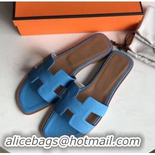 Classic Hot Hermes Oran Flat Slipper Sandals in Togo Leather H701030 Light Blue